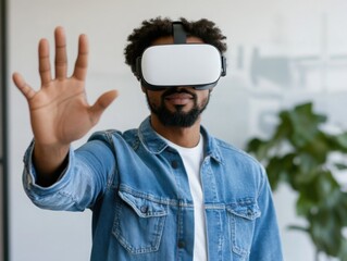 Naklejka premium VR Headset Interaction: User interacting with a 3D website model through VR, highlighting immersive web development