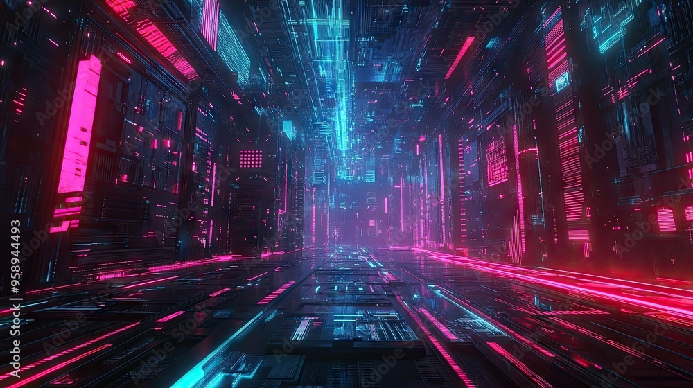 Poster futuristic city with panoramic urban architecture and glowing neon lights, emphasizing high-tech and