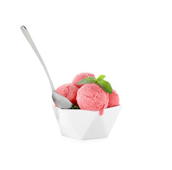 Scoops of tasty watermelon sorbet with mint in bowl and spoon isolated on white