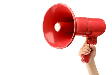 Woman holding megaphone speaker on white background, closeup