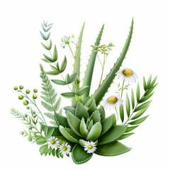 Obraz premium Aloe vera and chamomile, soothing element, watercolor painting, soft green and yellow, isolated on white background