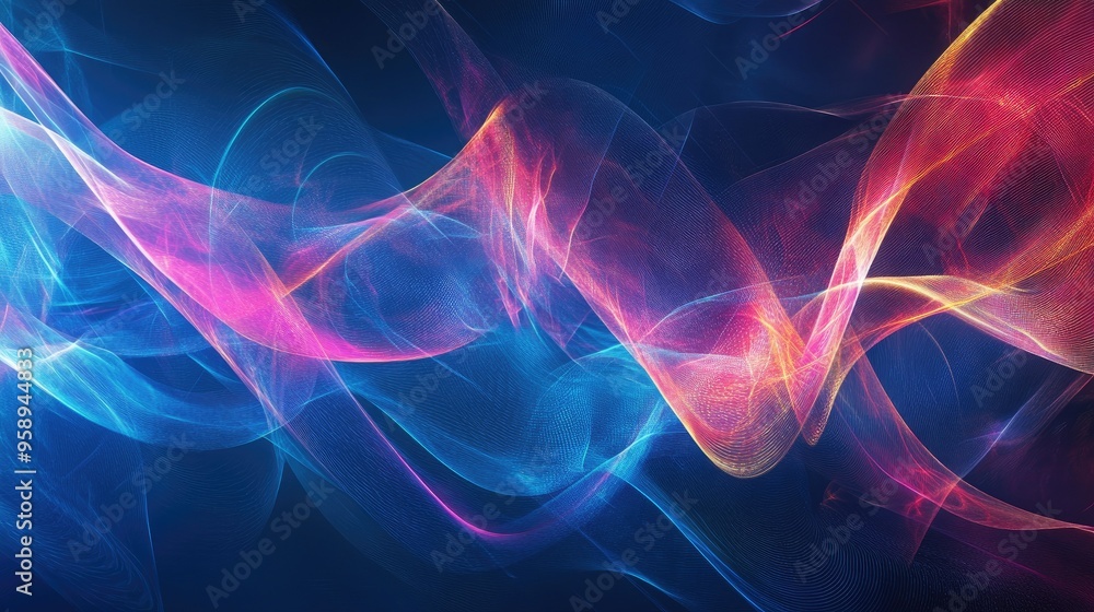 Poster Futuristic resonance wave background with abstract, intertwining patterns and energetic lines, ideal for tech-oriented visuals.