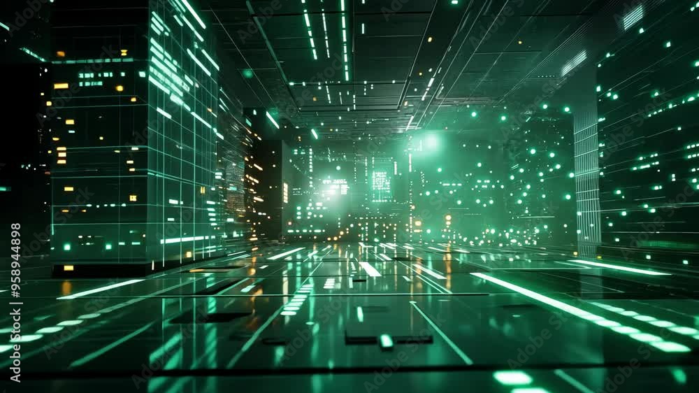 Aufkleber exploring a futuristic digital environment with glowing lights and advanced technology in a simulate