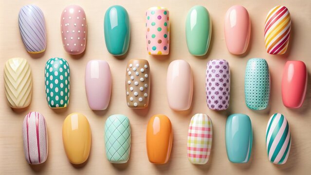 A assorted collection of stylishly painted fingernails in various shapes, including square, round, oval, and stiletto,