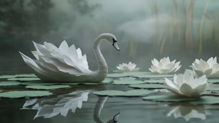 Fototapeta premium Paper Swan Serenity: Floating Grace on a Still Pond with Lily Pads
