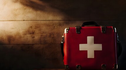 Red first aid kit with a white cross on a wooden background.