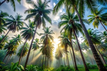 Majestic palm trees stretch towards the sky, their slender trunks and vibrant fronds swaying gently in the misty atmosphere of a lush, vibrant rainforest oasis.