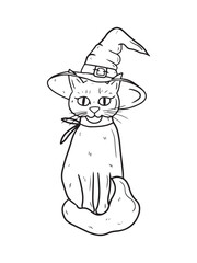 Hand drawn vector cat sitting in a witch hat as a symbol of horror Halloween celebration in black isolated on white. Sketch illustration in doodle engraved vintage line art style. Mystery, animagus