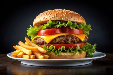 Ultra-realistic food photography of a mouth-watering hamburger and crispy French fries on a pristine white plate.