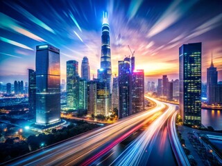 A blurred cityscape with sleek skyscrapers and neon lights at dusk, symbolizing rapid urbanization and technological