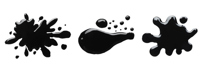 Blots of black printer ink on white background, set. Top view