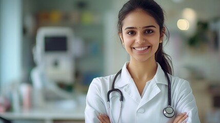 Smile, confident and face of india female doctor in office at hospital with pride for career , No need to cross your arms --ar 16:9 --stylize 250 --v 6.1 Job ID: b5cb402e-1d21-4480-829a-a2c8befe91b2