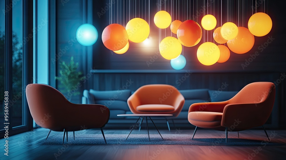 Poster group of bright, gleaming chat bubbles suspended in an elegant room, creating a high-tech ambiance f