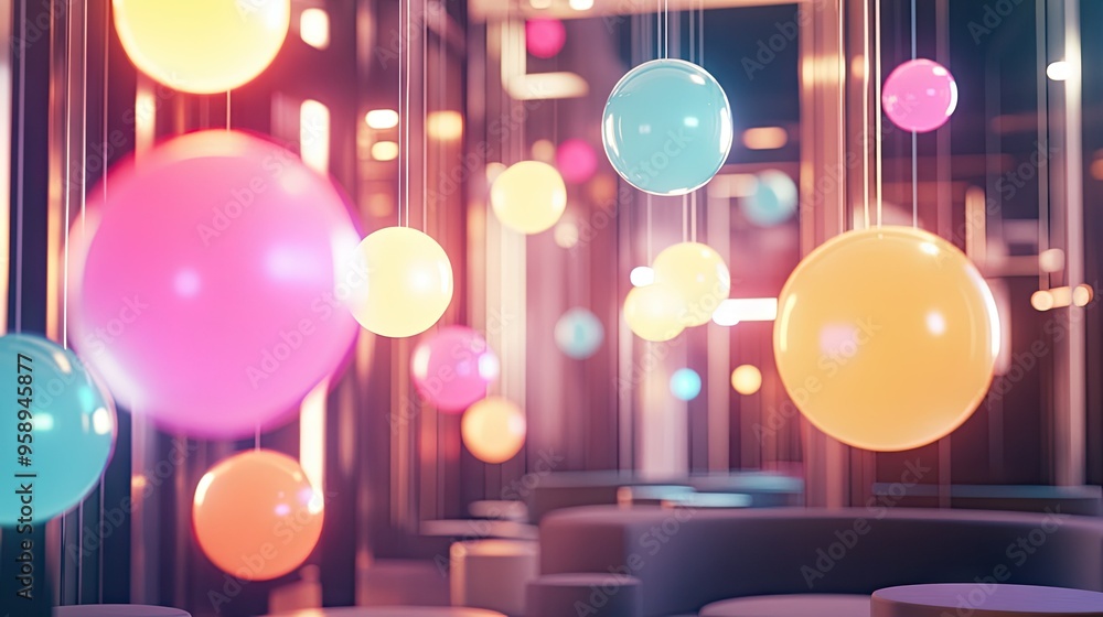 Poster group of bright, gleaming chat bubbles suspended in an elegant room, creating a high-tech ambiance f