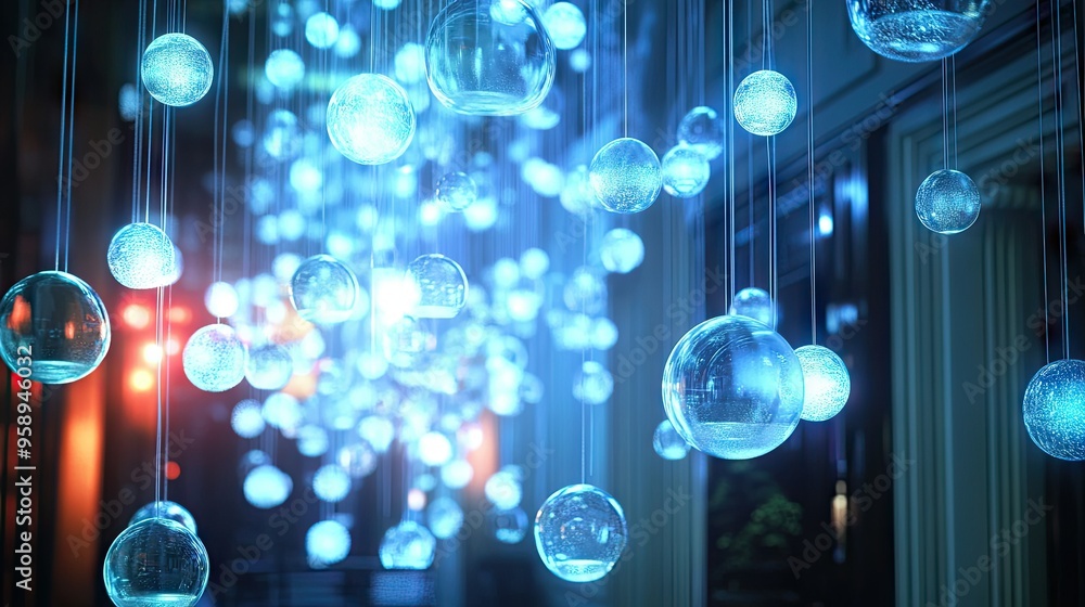 Poster group of bright, gleaming chat bubbles suspended in an elegant room, creating a high-tech ambiance f