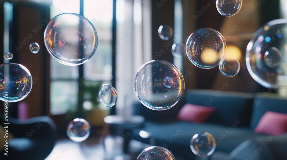 Poster group of shiny, transparent chat bubbles floating in a modern room, creating a futuristic communicat