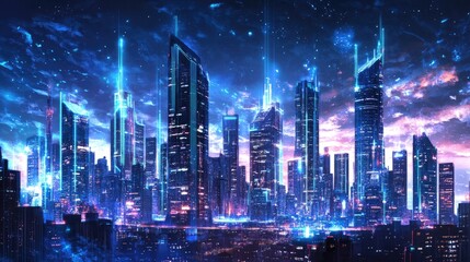 Obraz premium A vibrant futuristic cityscape illuminated by neon lights under a starry sky.
