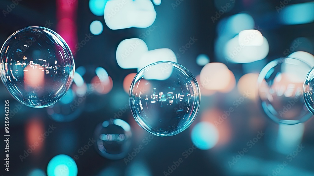 Poster group of shiny, transparent chat bubbles floating in a modern room, creating a futuristic communicat