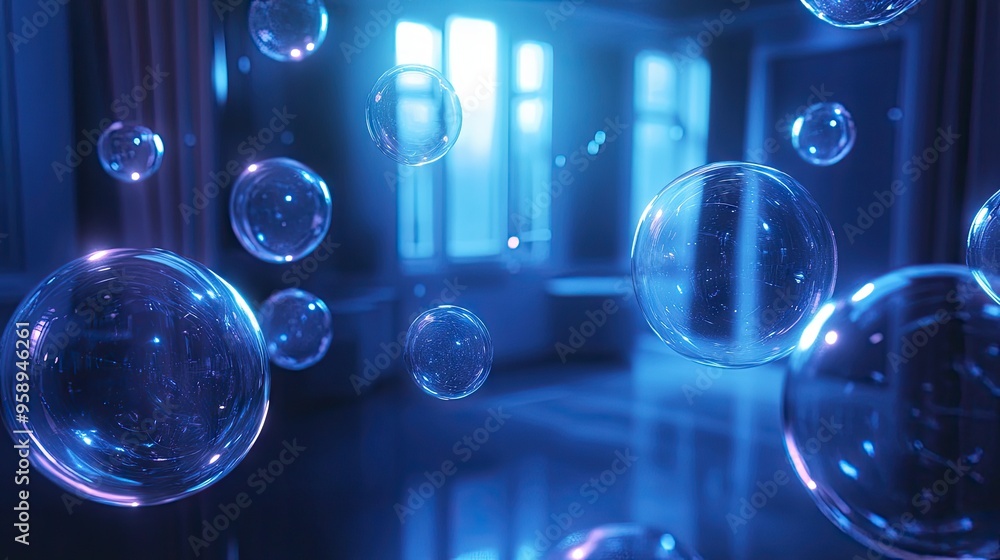 Poster group of shiny, transparent chat bubbles floating in a modern room, creating a futuristic communicat