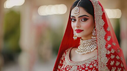  beautiful Indian bride in a red lehenga, wearing traditional white jewelry, stands humbly by the wedding hall, with intricate jewelry and makeup, showcasing her stunning beauty and cultural elegance