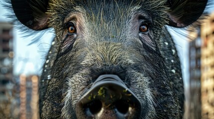 Close-up of a wild boar's face with a city's abandoned and overgrown district visible in the eyes' reflection, emphasizing the theme of rewilding urban spaces.