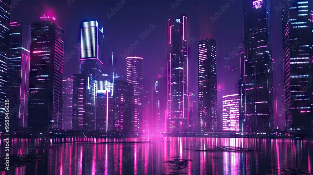 Poster high-tech cityscape with modern architecture and neon light effects, presenting a panoramic view tha