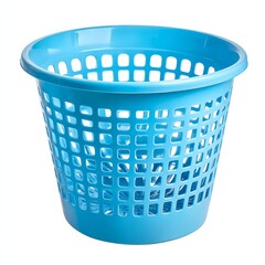 A vibrant blue laundry basket sits ready to hold freshly cleaned clothes and linens