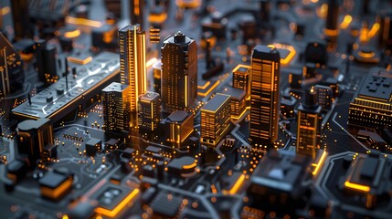 A stunning close-up of a microprocessor amidst a futuristic cityscape, showcasing vibrant lights and intricate structures.