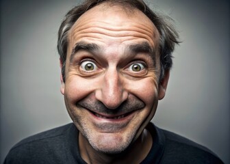 A comical portrait of a middle-aged man with an unusually large, upturned nose, sporting a cheerful expression and