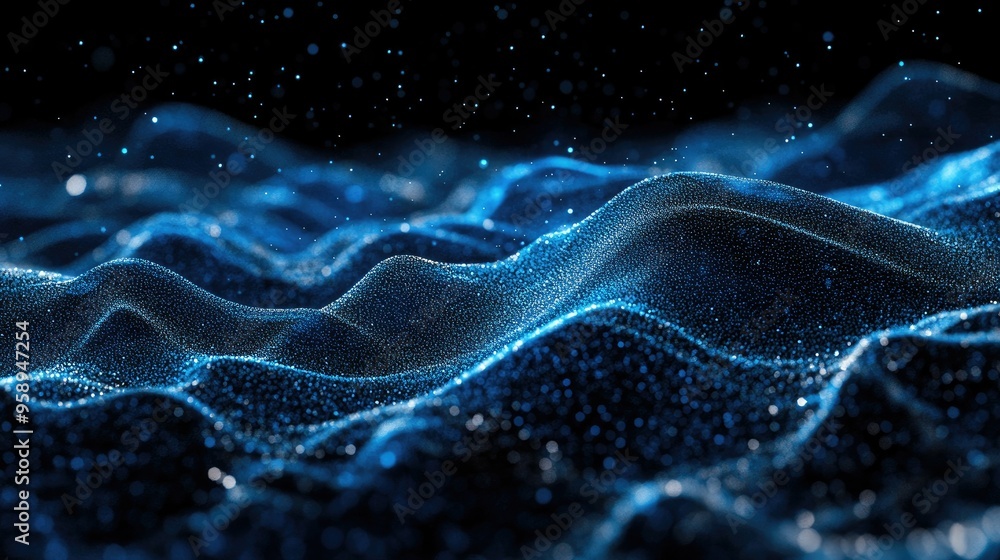 Poster horizontal blue particle lines creating an undulating 3d effect on a black background, perfect for t