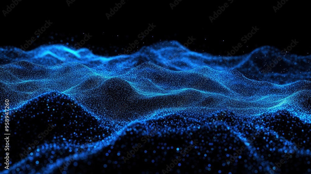 Poster horizontal blue particle lines creating an undulating 3d effect on a black background, perfect for t