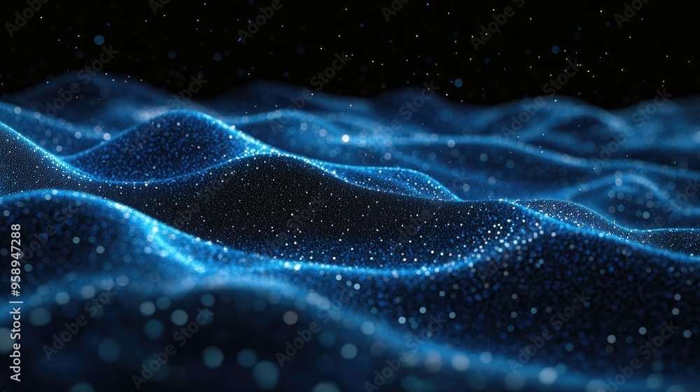 Poster horizontal blue particle lines creating an undulating 3d effect on a black background, perfect for t