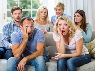 Fototapeta premium A couple sitting on a couch, shocked and embarrassed, surrounded by confused family members, after an unexpected