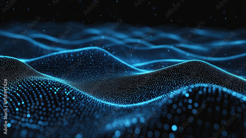 Poster horizontal lines of blue particles undulating across a black background, creating an abstract digita