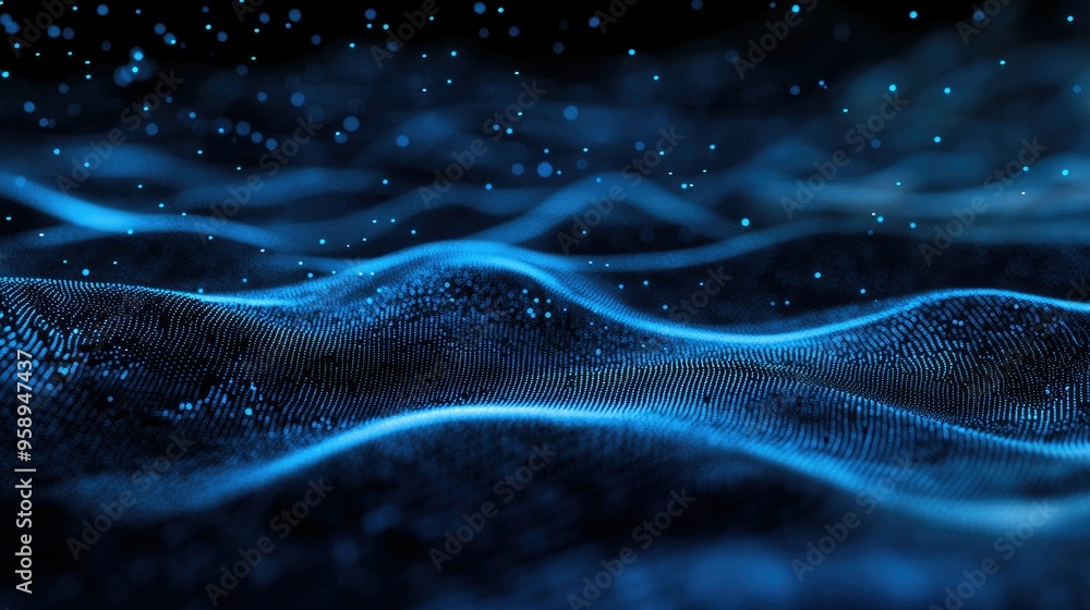 Poster horizontal lines of blue particles undulating across a black background, creating an abstract digita
