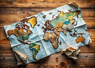 A crumpled, worn, and annotated world map on a wooden table, highlighted routes and notes revealing a traveler's