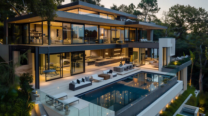 Fototapeta premium Elegant modern house with stylish architecture and with swimming pool. karsi landscape. Sunset .Generative AI