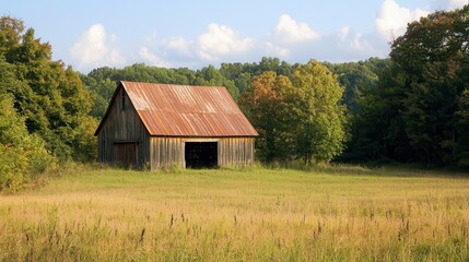 Fototapeta premium A rustic barn stands amidst a field of golden grass with trees and a clear sky in the background, capturing serene countryside beauty.