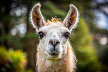 Obraz premium A curious llama's head with soft, furry ears and a gentle expression, gazing directly at the camera with