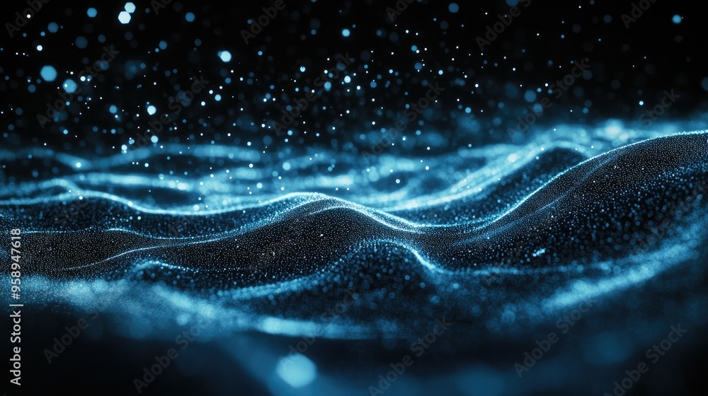 Poster horizontal lines of blue particles undulating across a black background, creating an abstract digita