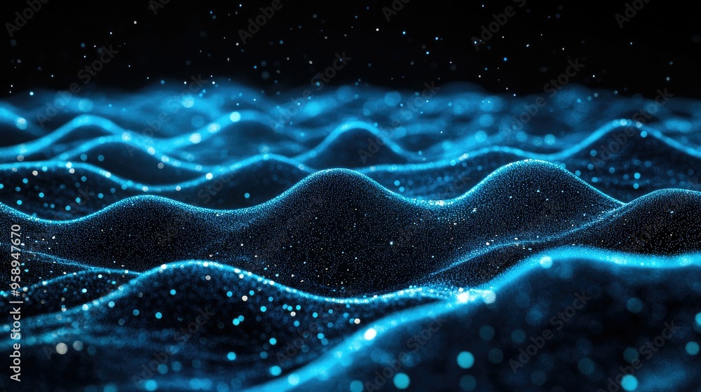 Aufkleber horizontal lines of glowing blue particles creating an undulating effect on a black background, perf