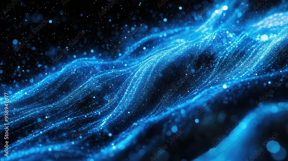 Poster horizontal lines of glowing blue particles creating an undulating effect on a black background, perf
