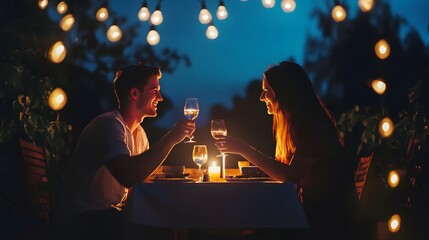 A couple enjoys a romantic dinner under the stars, toasting with glasses of wine.