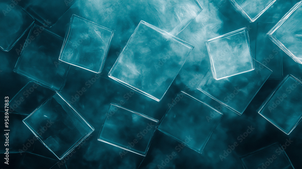 Aufkleber glass squares floating in an ethereal misty background with a mesmerizing blue hue during a creative