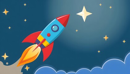 Illustration of a colorful cartoon rocket ship blasting off into a night sky, with clouds in the foreground