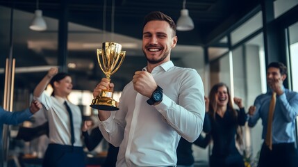 A happy businessman holds up a trophy in celebration with his team.