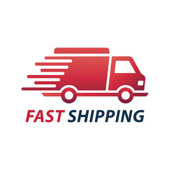Fast Shipping Icon with Red Delivery Truck and Speed Lines - Vector Illustration"