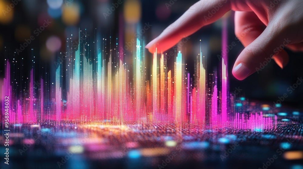 Poster interactive bar chart with each bar highlighting as a hand hovers over it, futuristic data concept