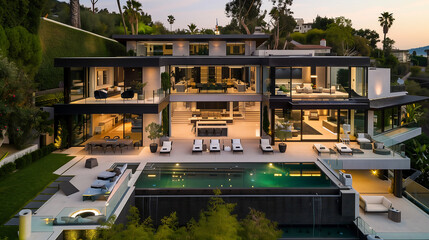 Elegant modern house with stylish architecture and with swimming pool. karsi landscape. Sunset .Generative AI