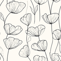 Modern vector seamless pattern with minimalistic line art flowers